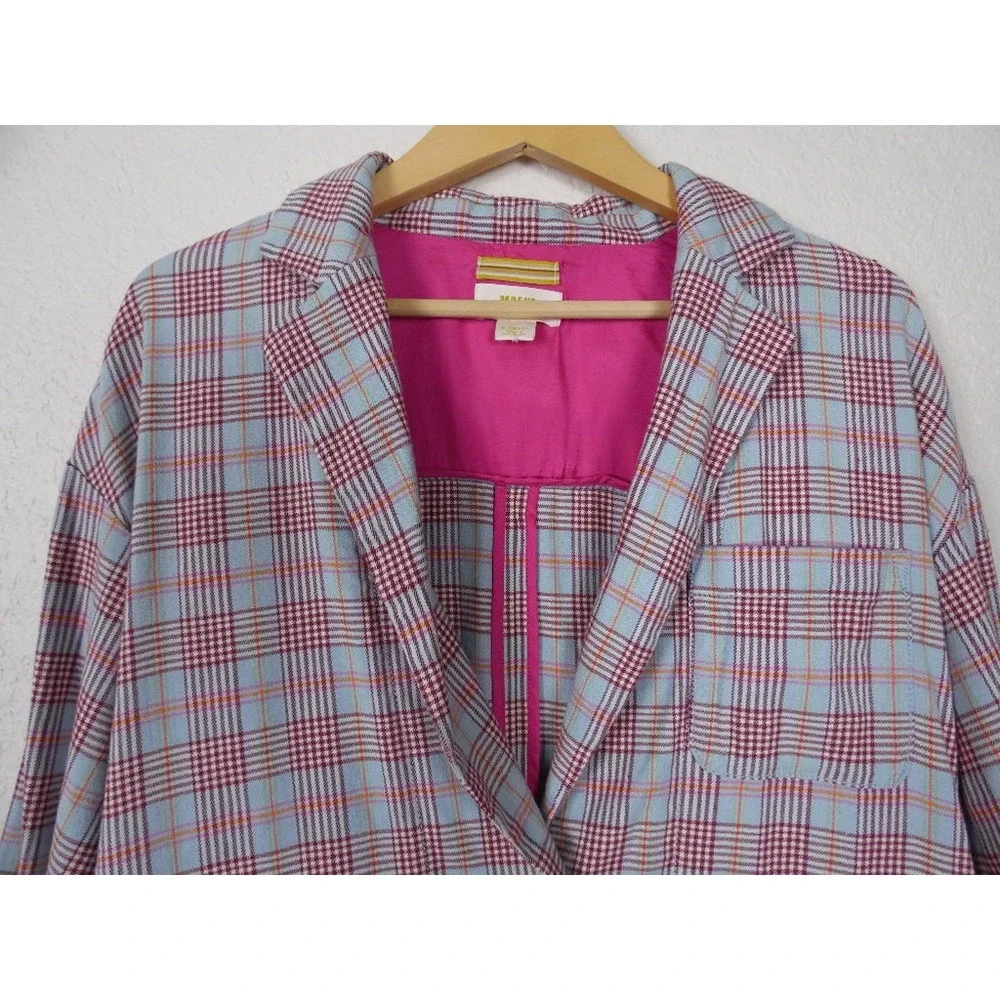 Maeve by Anthropologie Womens Plaid Blazer SZ XS Pink Blue Academia Button Front